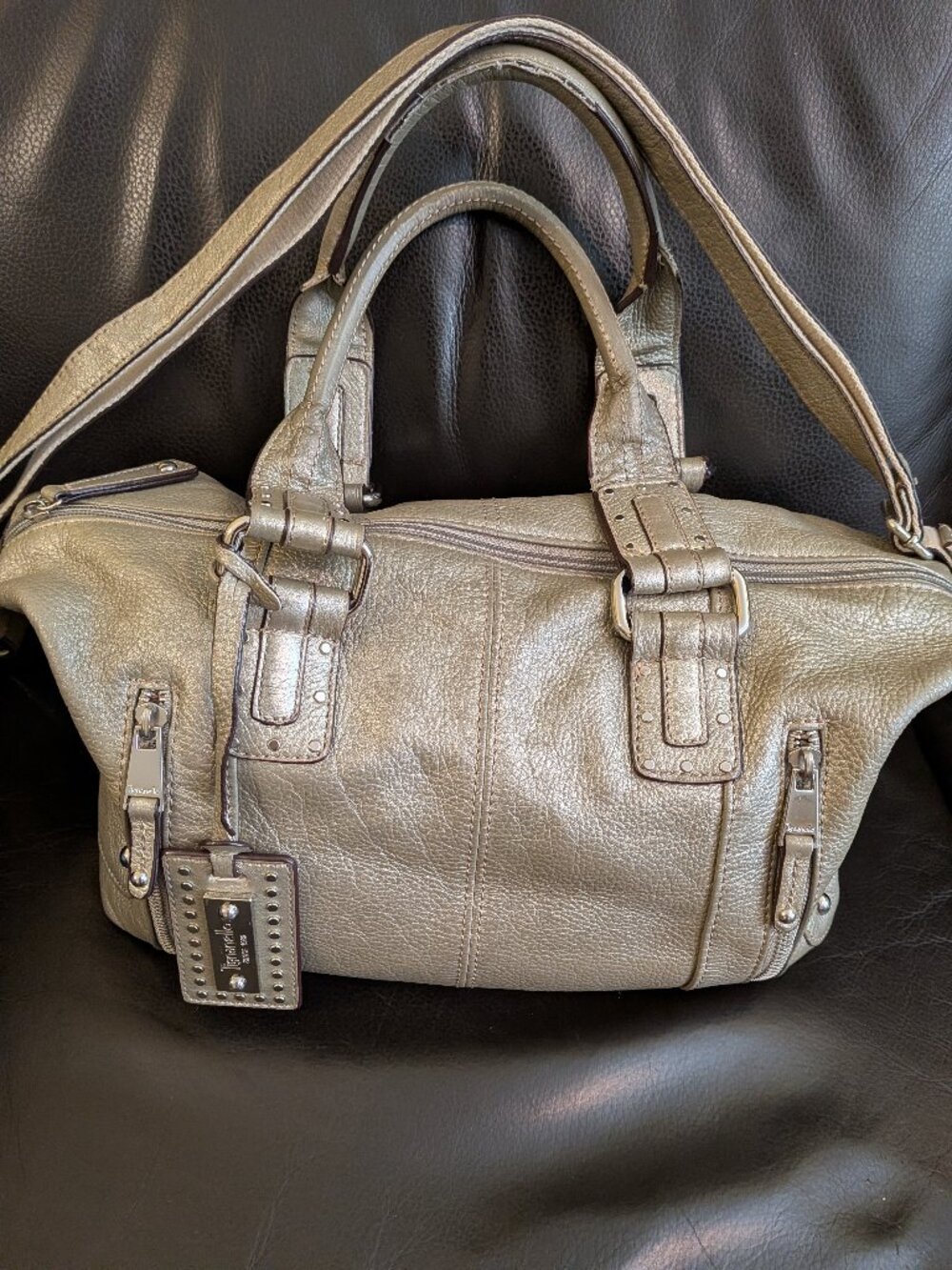 Vintage Tignanello Metallic Champagne Pebbled Leather Satchel Purse Bag